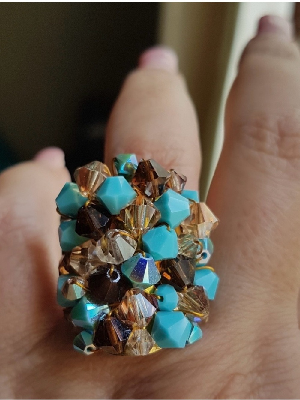 Swarovski Elements Large Turquoise Blue & Brown Cluster Statement Ring NWT